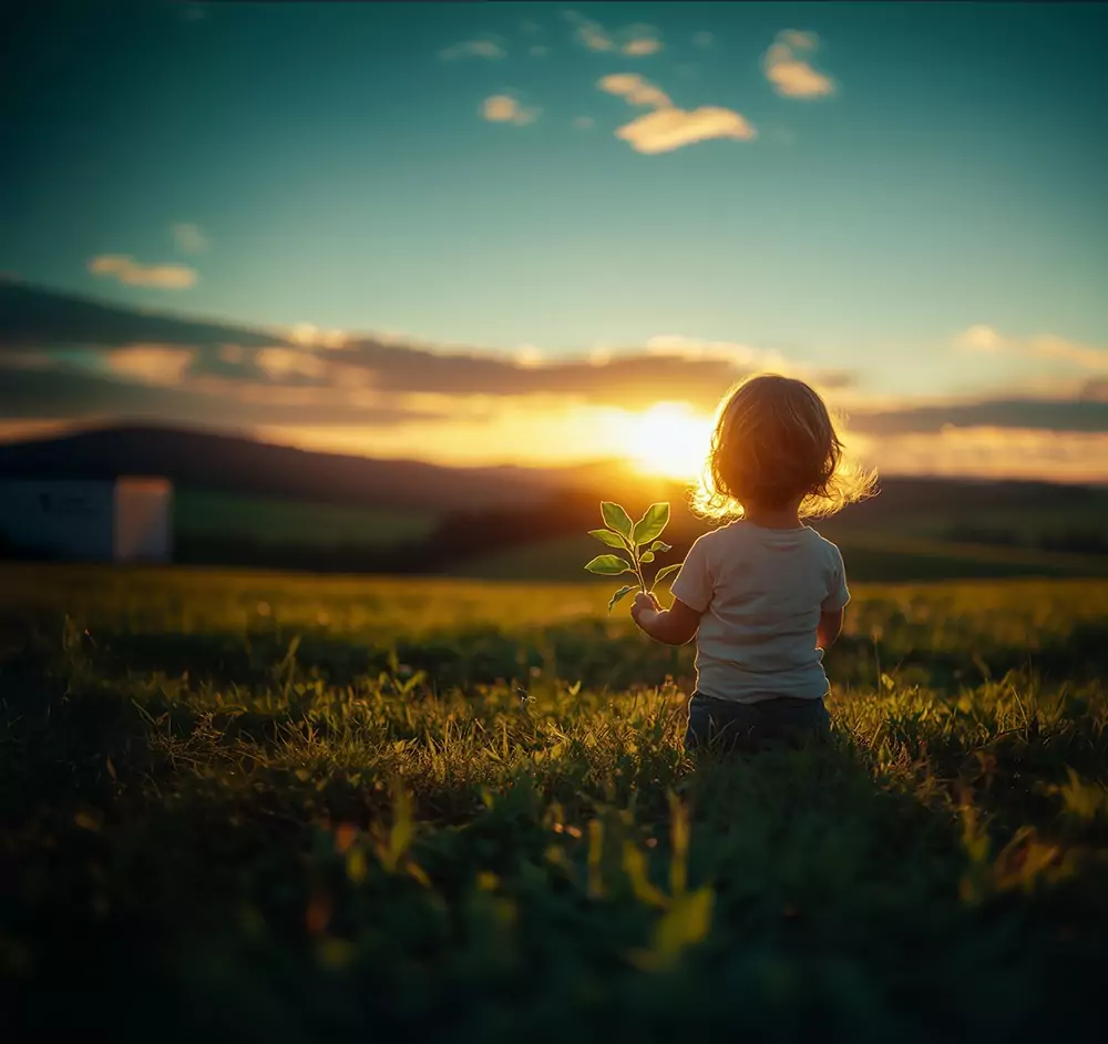Kind blickt in den Sonnenuntergang