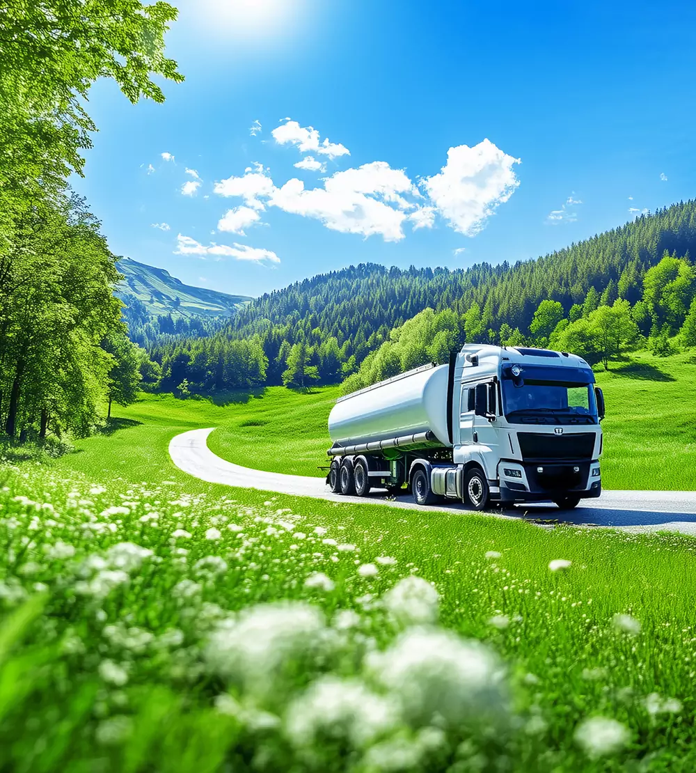 Milch-LKW auf Straße in der grünen Natur